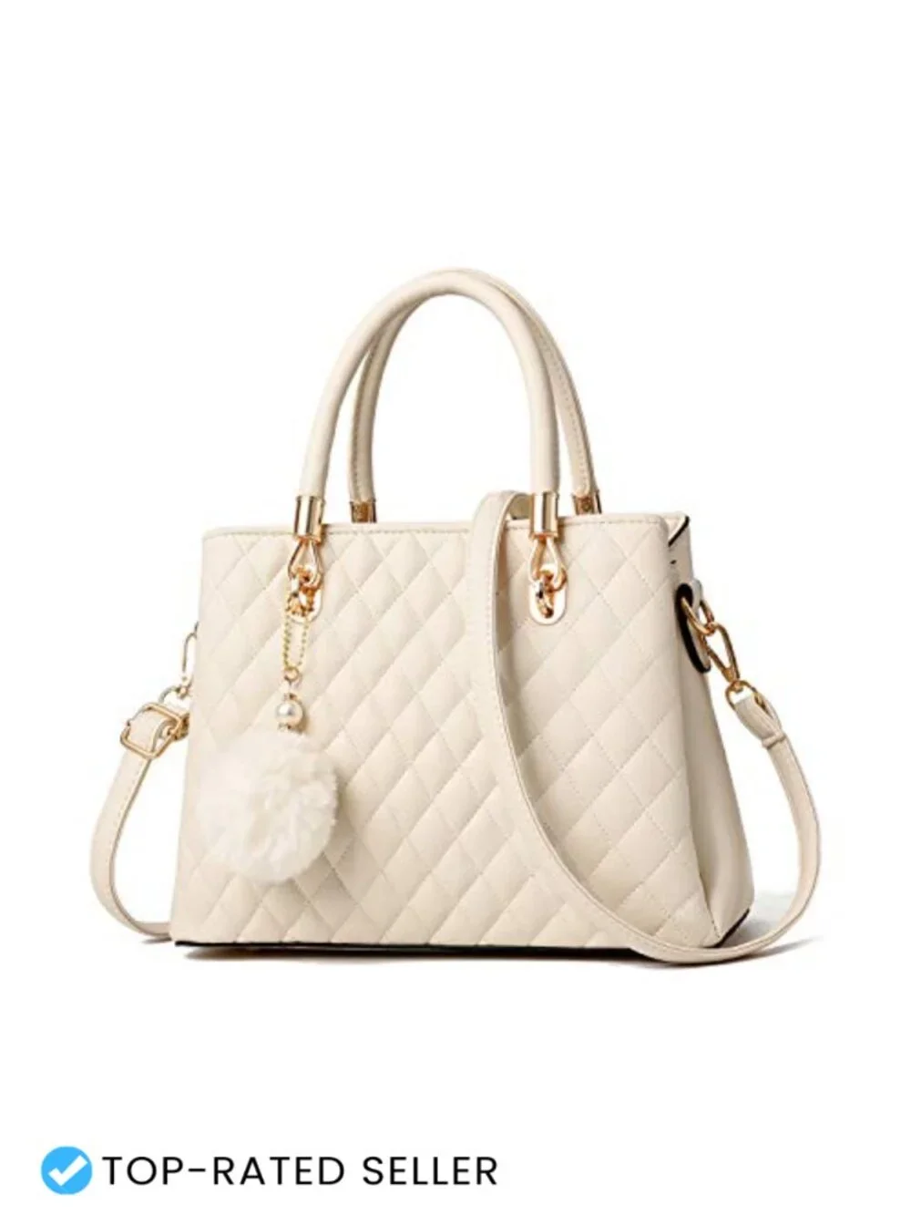 Women's PU Leather Satchel Handbag Top-Handle Tote Shoulder Bag with Pompon